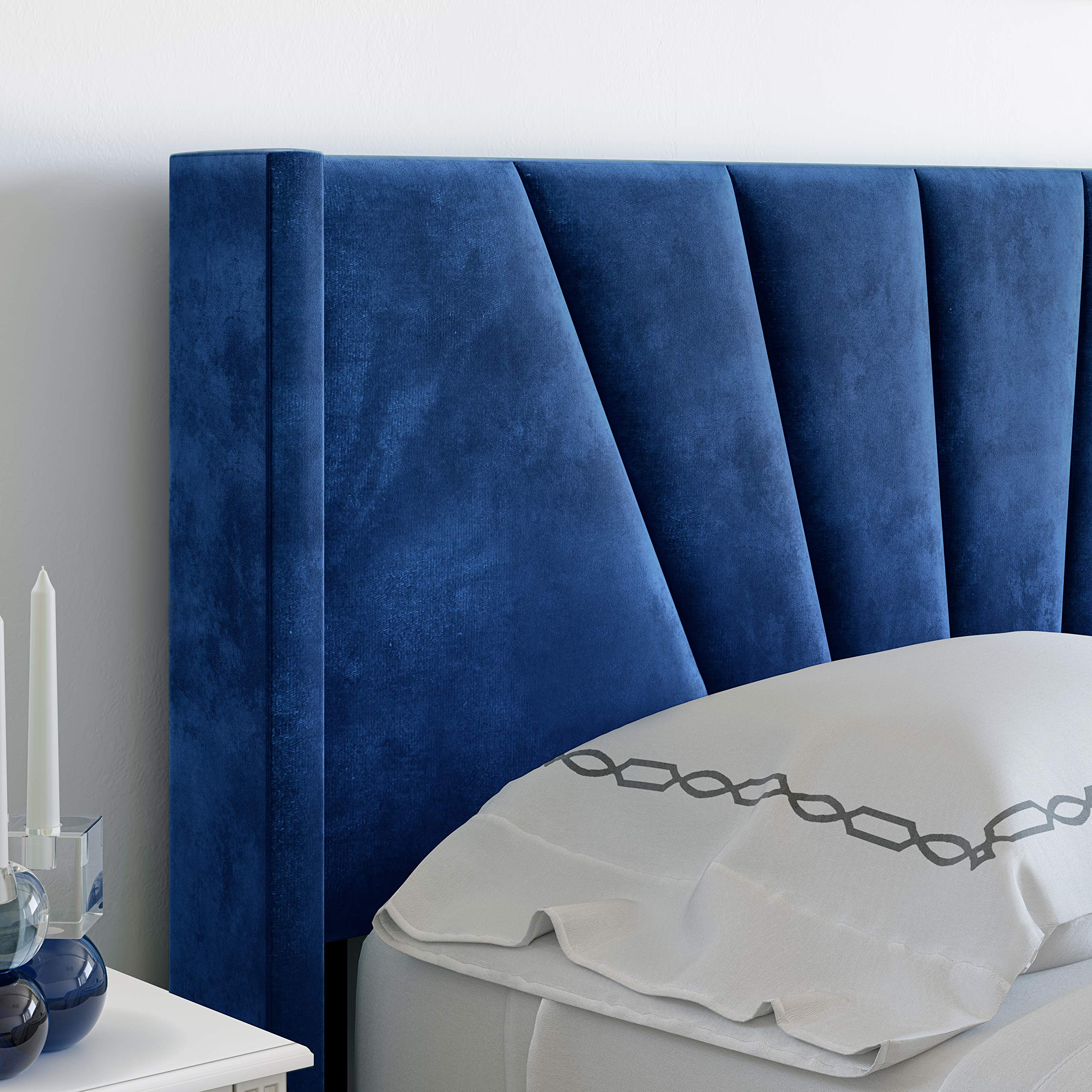 Boyd Sleep Valencia Upholstered Platform Bed Frame Mattress Foundation With Headboard And Strong Wood Slat Supports: Velour, Blue, King (Vlbu959Ek)